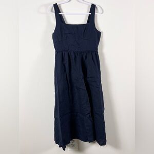 Quince 100% European Linen Fit & Flare Midi Dress Navy Sleeveless Quiet Luxury